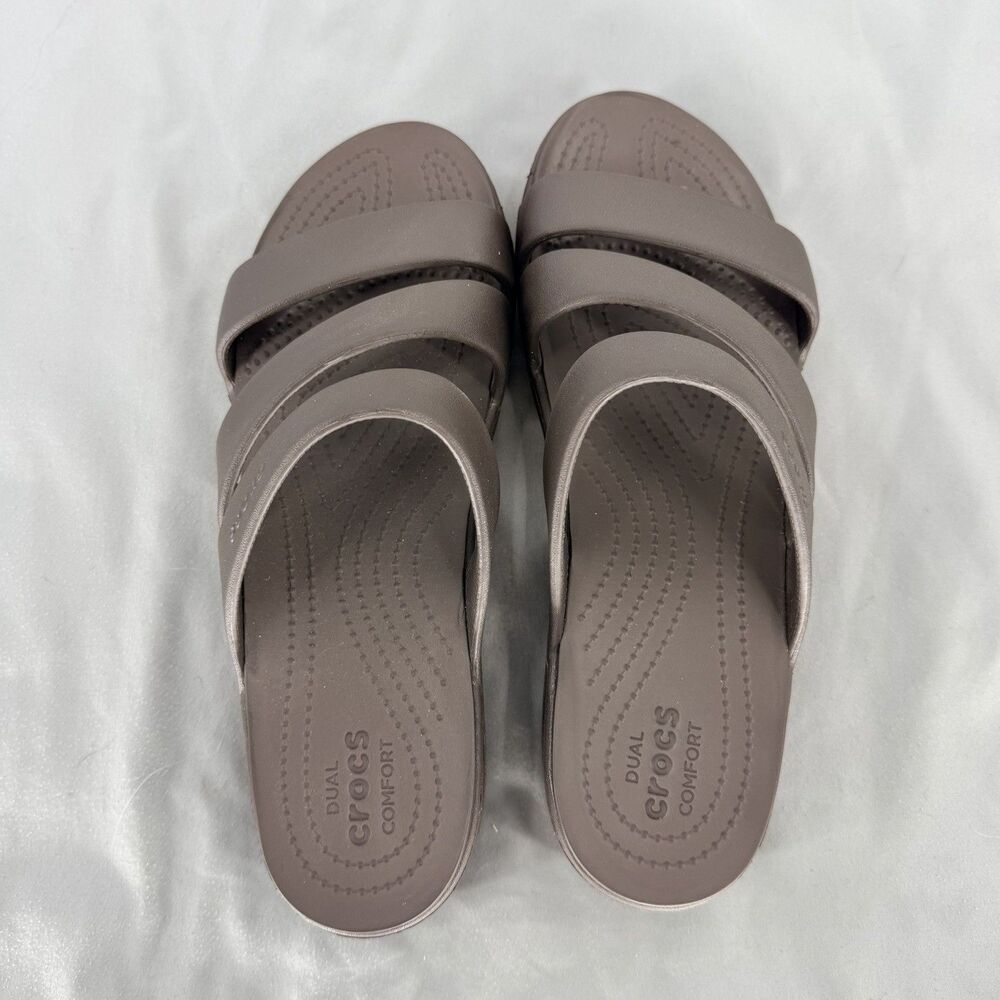 Crocs Shoes Women 11 Brown Monterey Strappy Wedge Sandals Comfort Slip On Slides